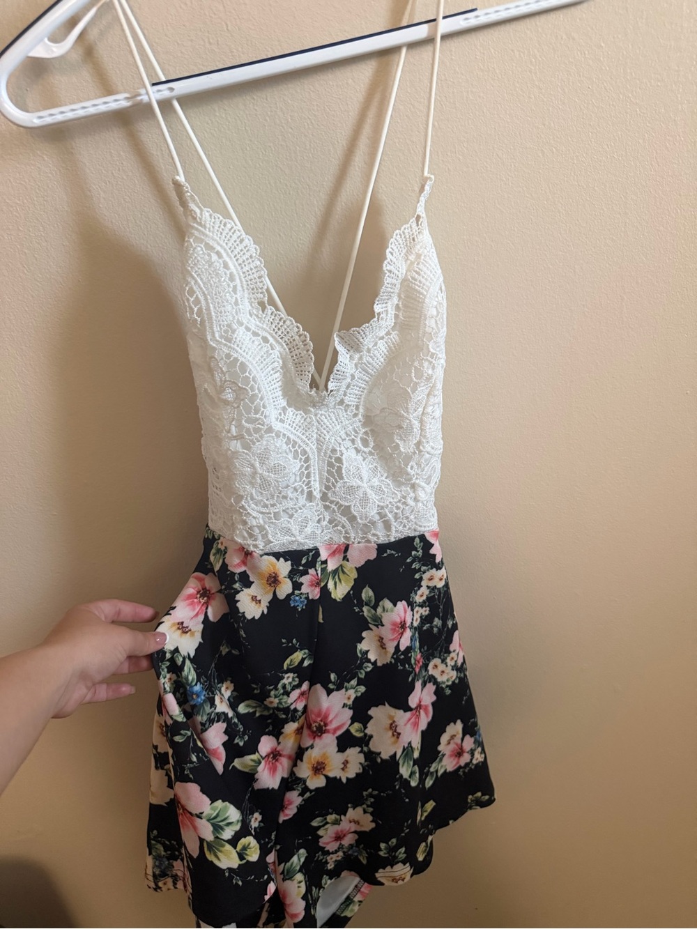 Lace Bodice Floral Skater Romper - White & Black Floral